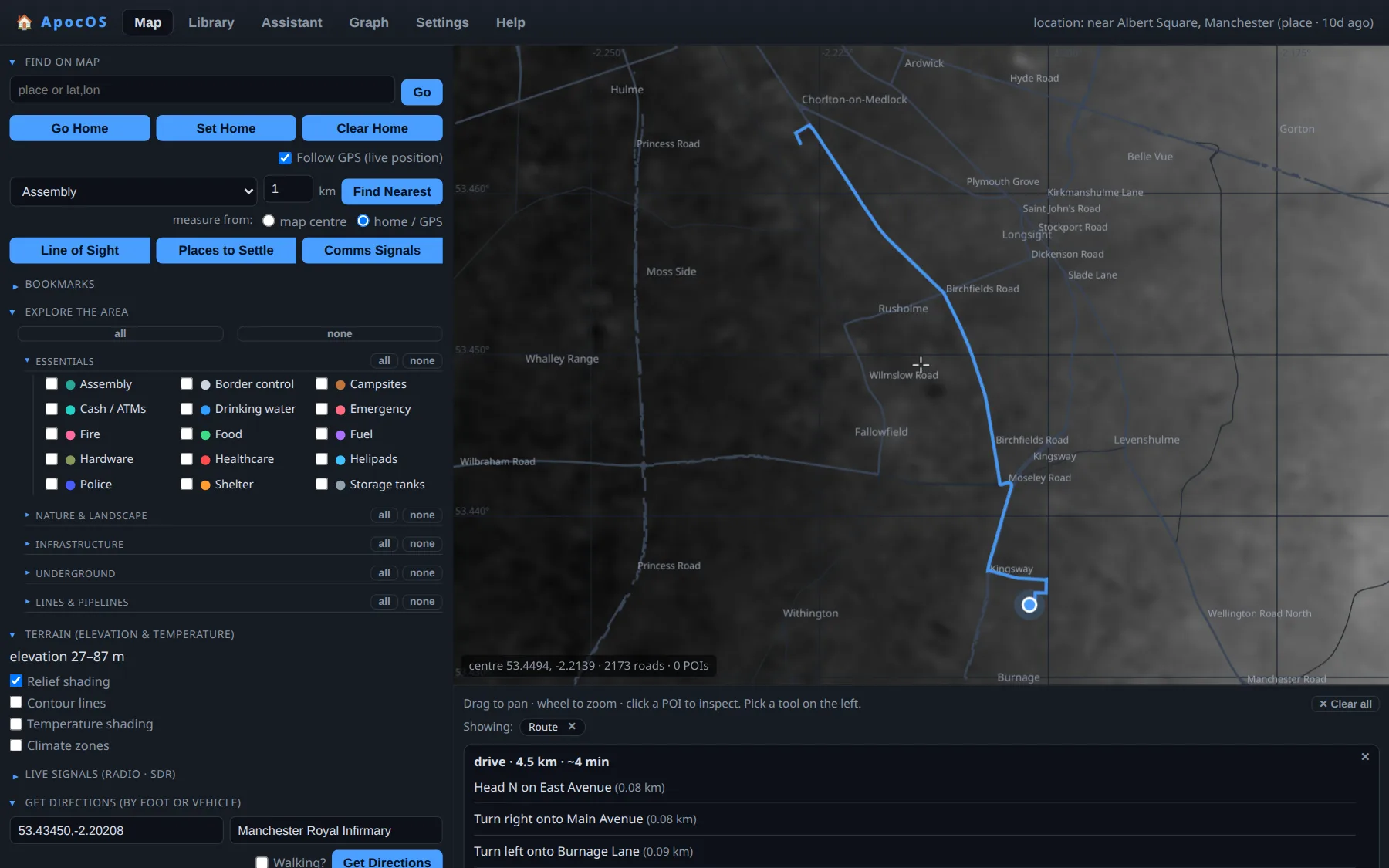 ApocOS offline navigation — a turn-by-turn driving route drawn from your live GPS position to Manchester Royal Infirmary, 4.5 km, with the directions panel, all with no signal