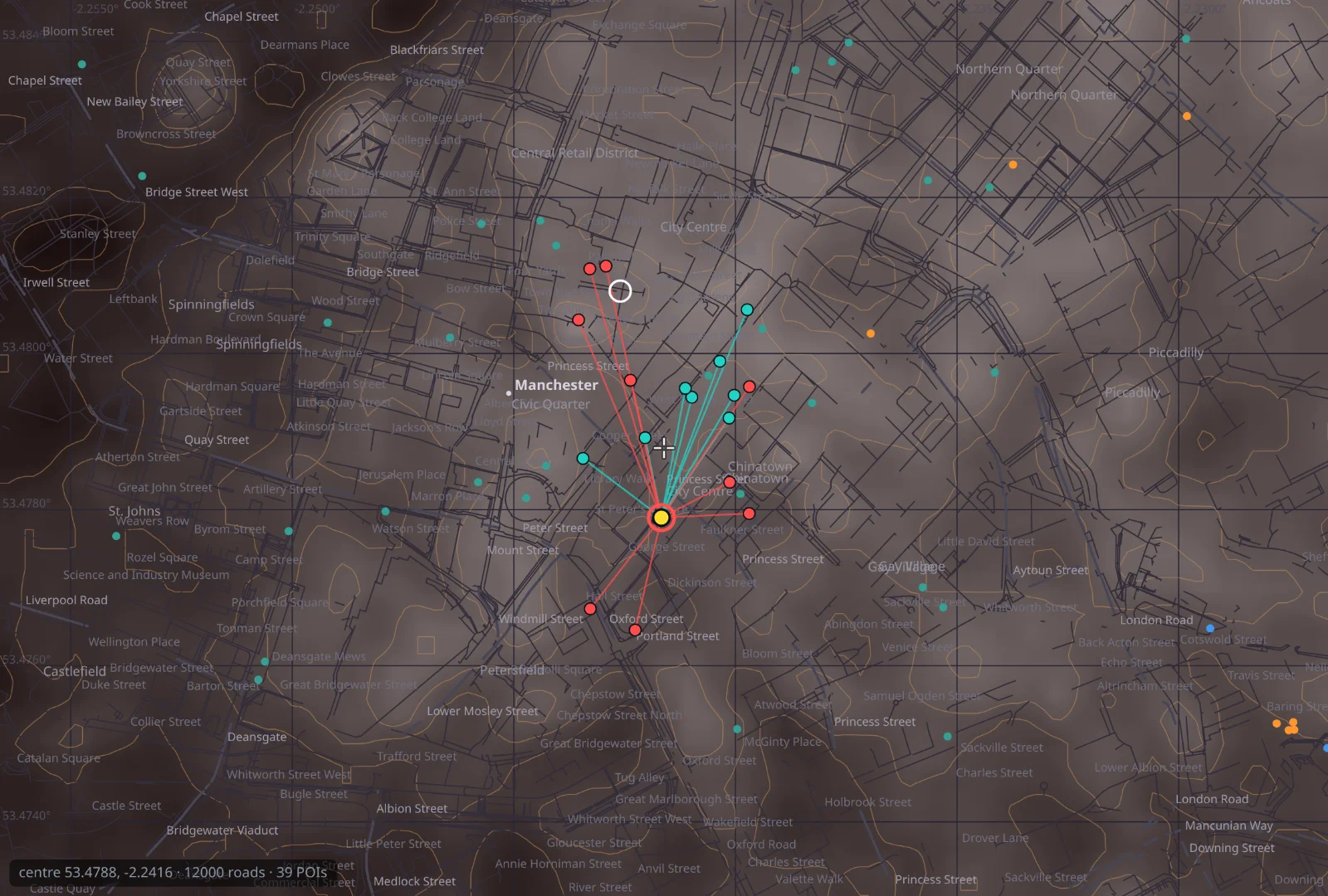ApocOS power-impact analysis — one substation with spokes to the health sites and cash machines that lose power if it fails, over Manchester city centre