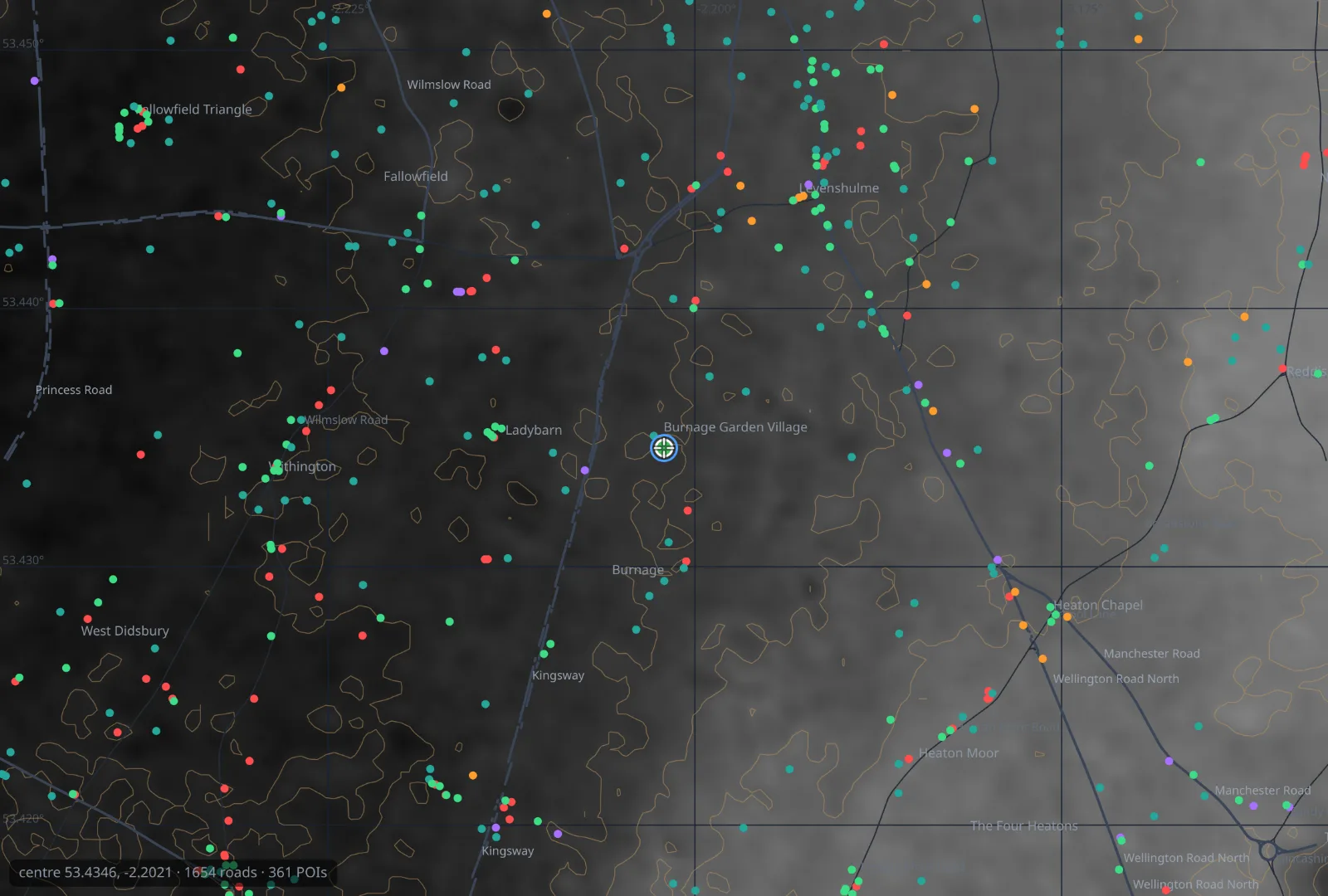 ApocOS offline map of Manchester with colour-coded resource markers — water, food, healthcare, fuel and shelter — over shaded relief and contour lines, drawn from preloaded UK data with no internet connection