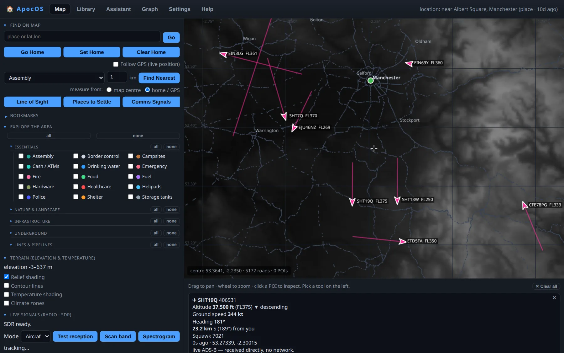 ApocOS SDR aircraft layer — live aircraft decoded from ADS-B radio plotted over the offline UK map with heading trails, one selected showing its callsign, altitude and speed, received directly with no internet
