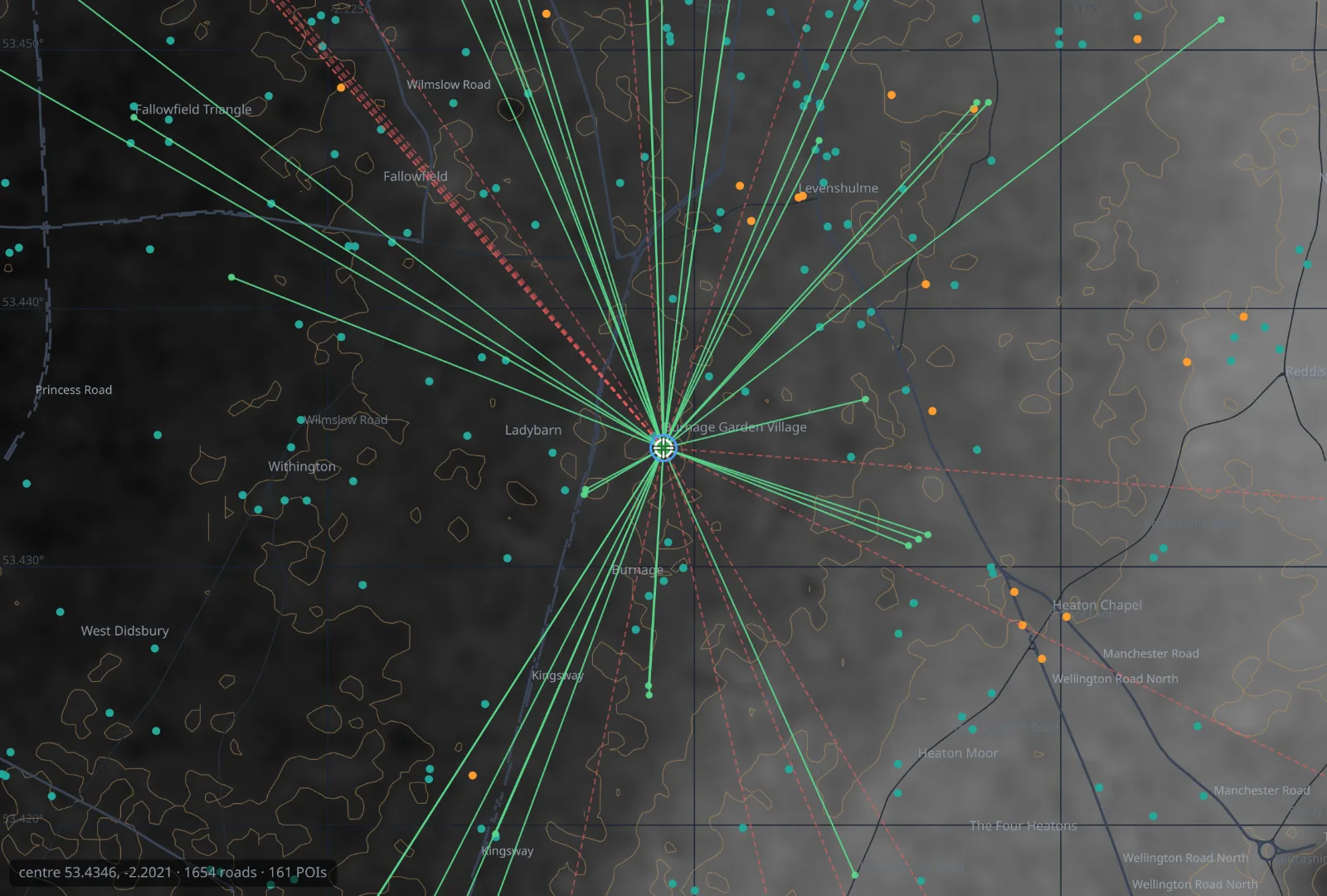 ApocOS signal-coverage overlay — solid green lines to masts you have line-of-sight to, red dashed lines to masts blocked by terrain