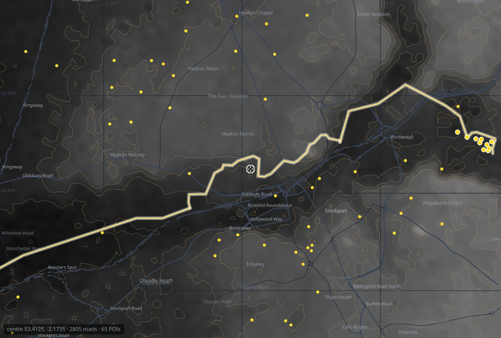 ApocOS grid trace — a single power line and its whole connected network highlighted across the map, showing what shares one supply