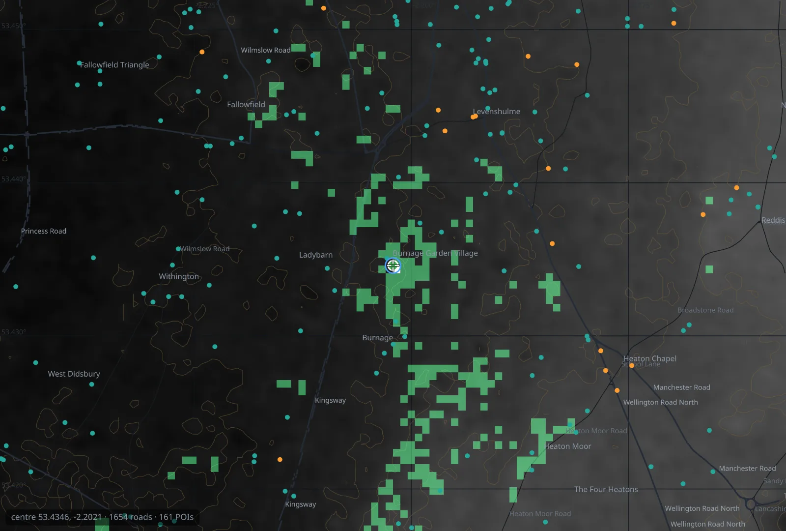 ApocOS viewshed overlay — green cells mark every patch of terrain visible from your position, computed from local elevation data offline