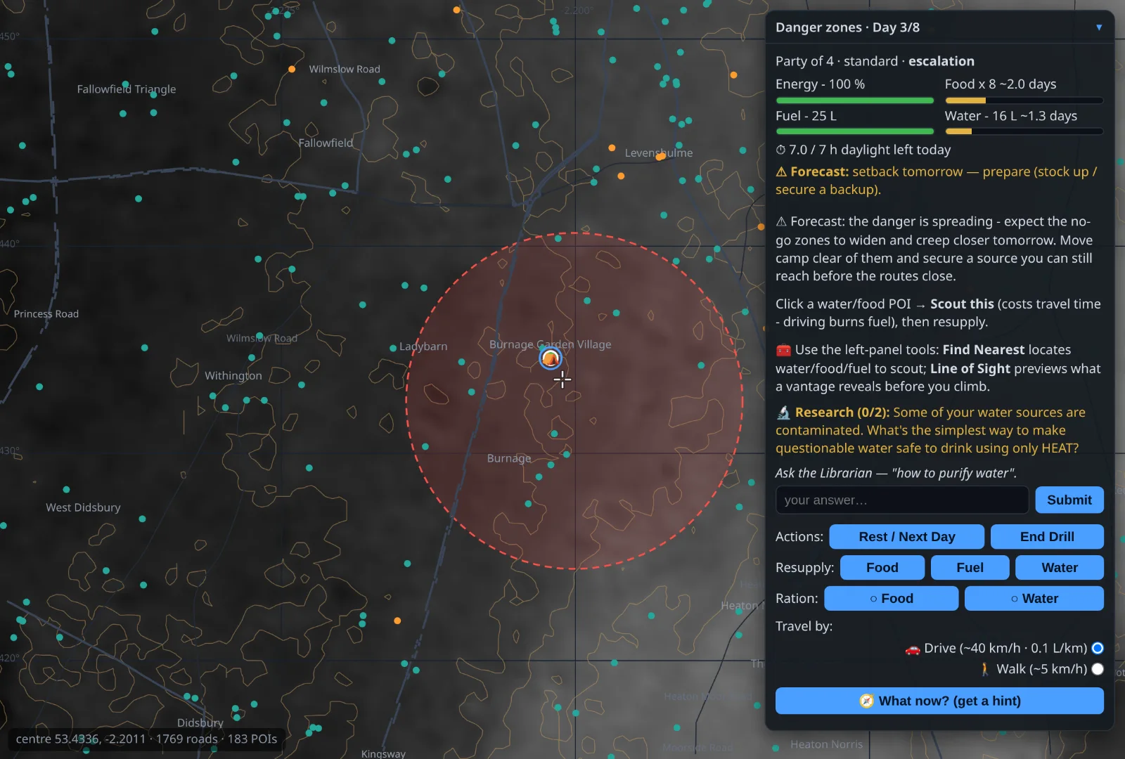 The ApocOS danger-zones drill running offline — spreading red no-go zones cutting off sources and forcing routes around them, with a curfew clock in the status panel