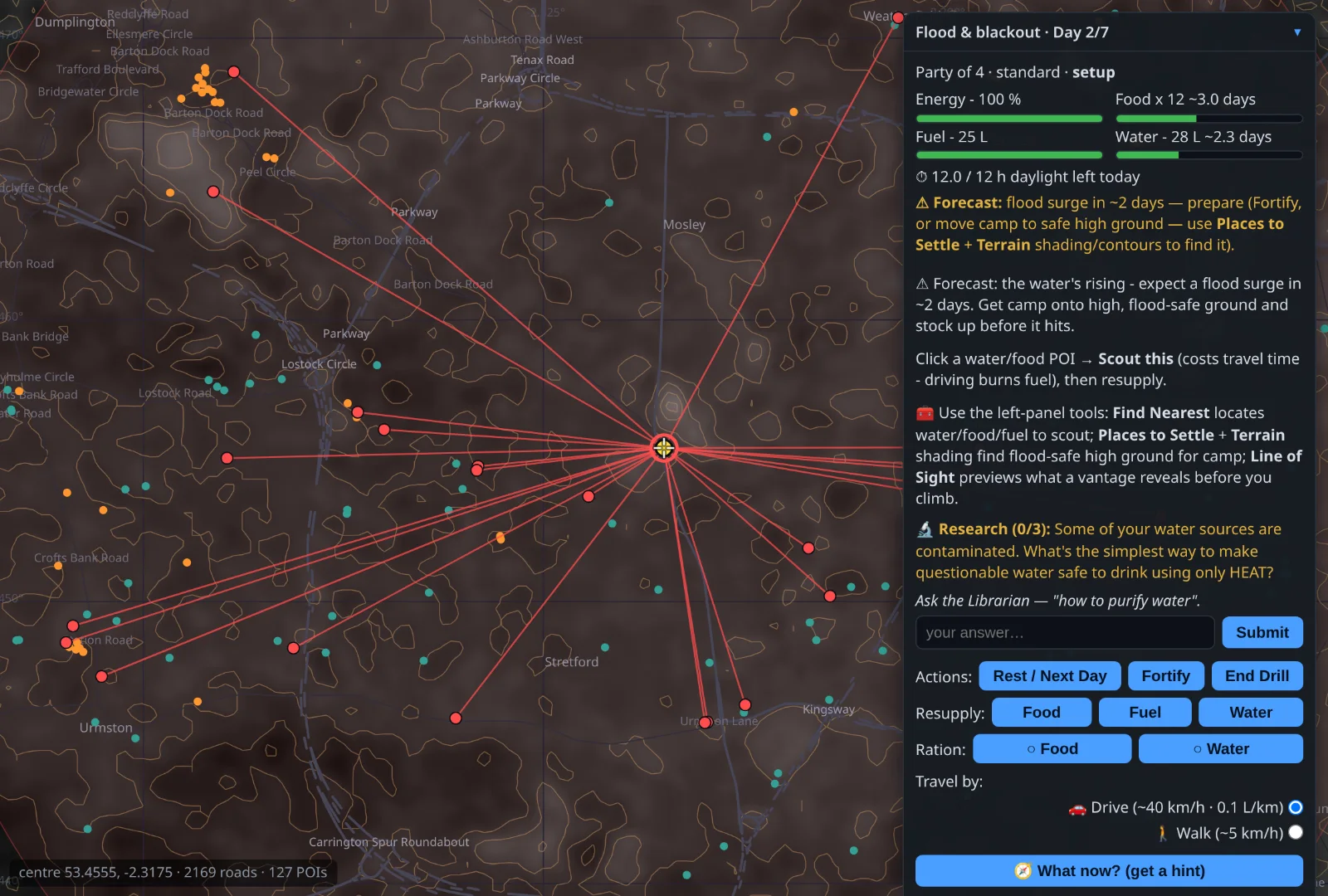 The ApocOS flood drill running offline — the failed water works and what loses supply, with the party camped nearby and a status panel of day, resources and forecast