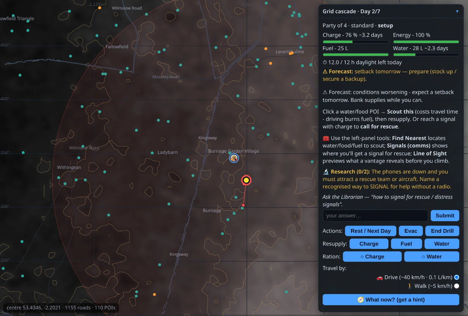 The ApocOS grid-cascade drill running offline — a failed substation and its knock-on outage, with the party camp and a status panel tracking charge, water and rescue