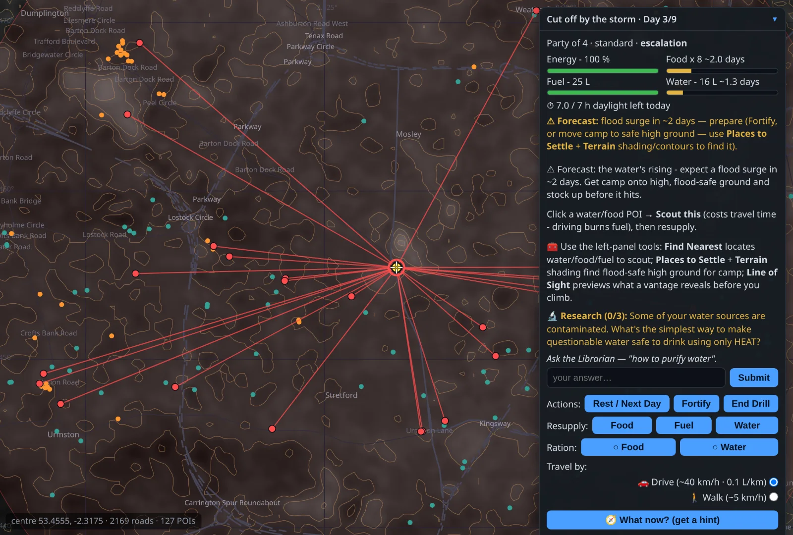 The ApocOS storm drill running offline — cut off with short daylight, the party rationing and foraging over nine days, shown with a live resource panel