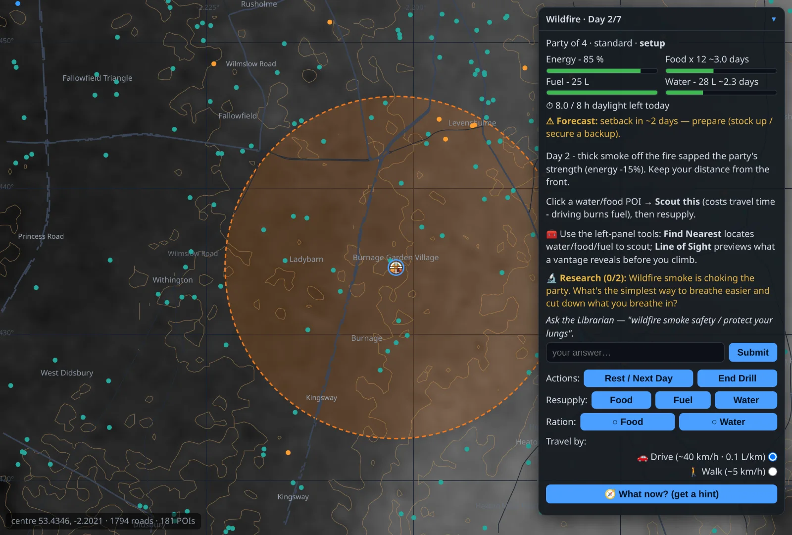 The ApocOS wildfire drill running offline — an orange fire front spreading across the map with the party camp inside it, and a status panel of resources and smoke warnings