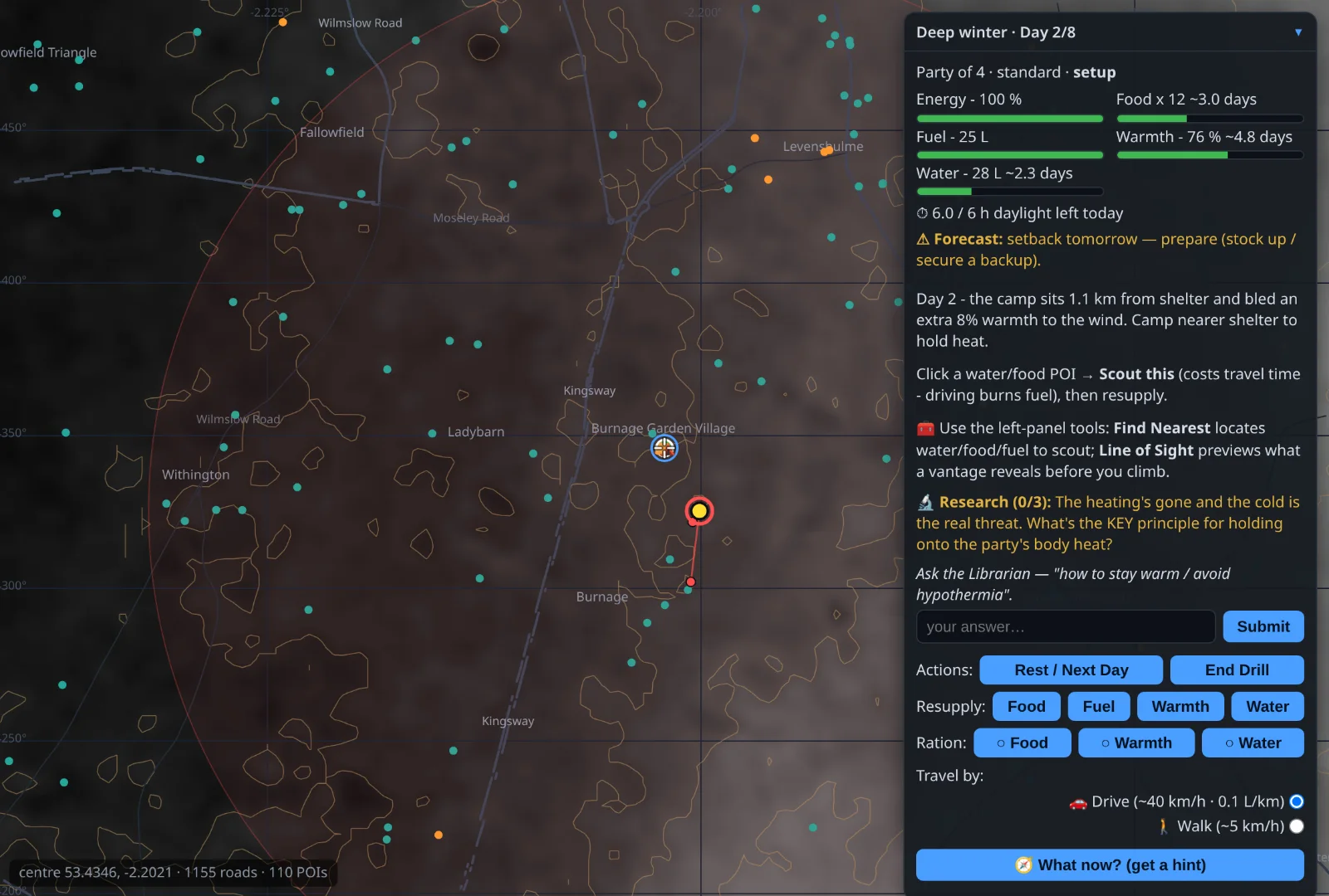 The ApocOS deep-winter drill running offline — the grid down in a hard winter, the party managing a warmth resource beside water and food in the status panel